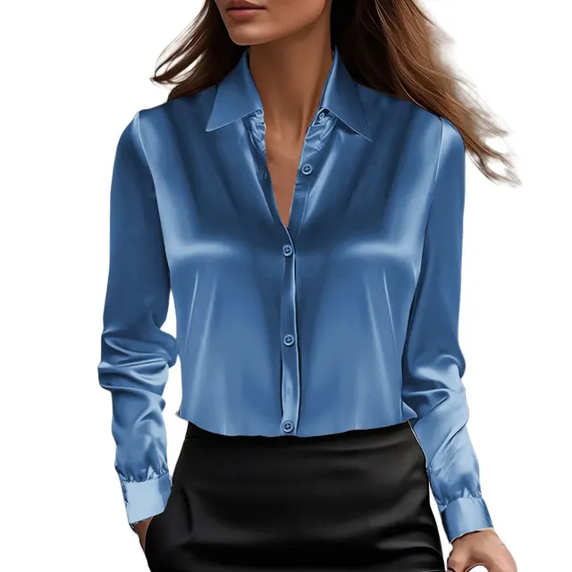 Autumn Fashion Temperament Solid Color Lapel Long Sleeve Shirt Women's Clothing Blue - Shop at LoveMi