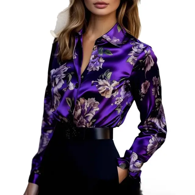 Purple Satin Floral Print Long Sleeve Shirt Purple - Shop at LoveMi