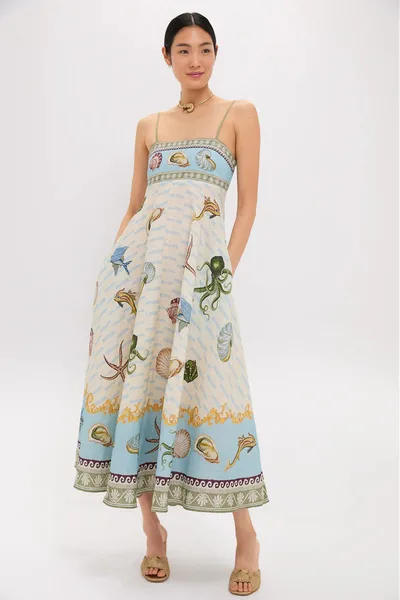 High waisted Cotton linen Printed Camisole Casual Fashionable Dress Light Blue - Shop at LoveMi