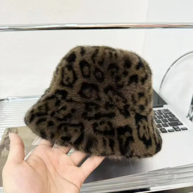 Versatile Faux Mink Fur Warm Cold proof Windproof Face flattering Fluffy Bucket Hat Coffee Color Leopard Print - Shop at LoveMi
