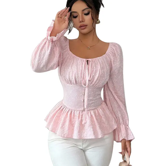 French style Design New U neck Tie Long sleeved Top Pink - Shop at LoveMi