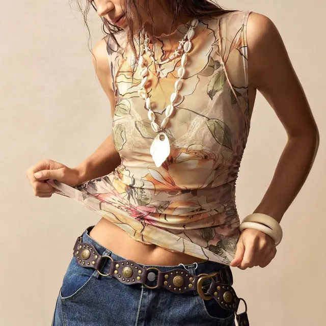 New Sleeveless High neck Fashionable Floral Slim fit Slimming Top Color - Shop at LoveMi