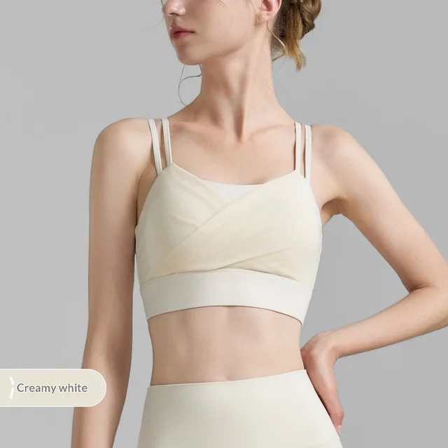 New Mesh Pleated Sports Bra With Large Backless Fitness Top Creamy White - Shop at LoveMi