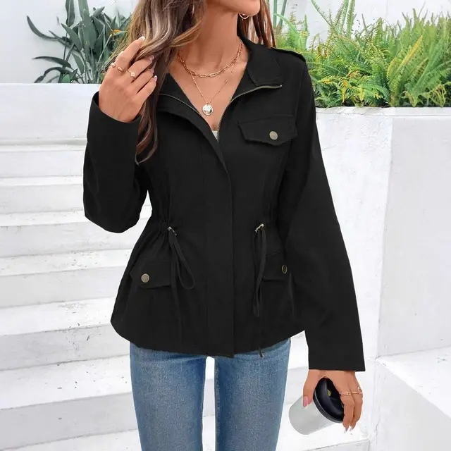 Solid Color Long Sleeve Casual Drawstring Waist Jacket Women Black - Shop at LoveMi