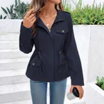 Solid Color Long Sleeve Casual Drawstring Waist Jacket Women - Navy