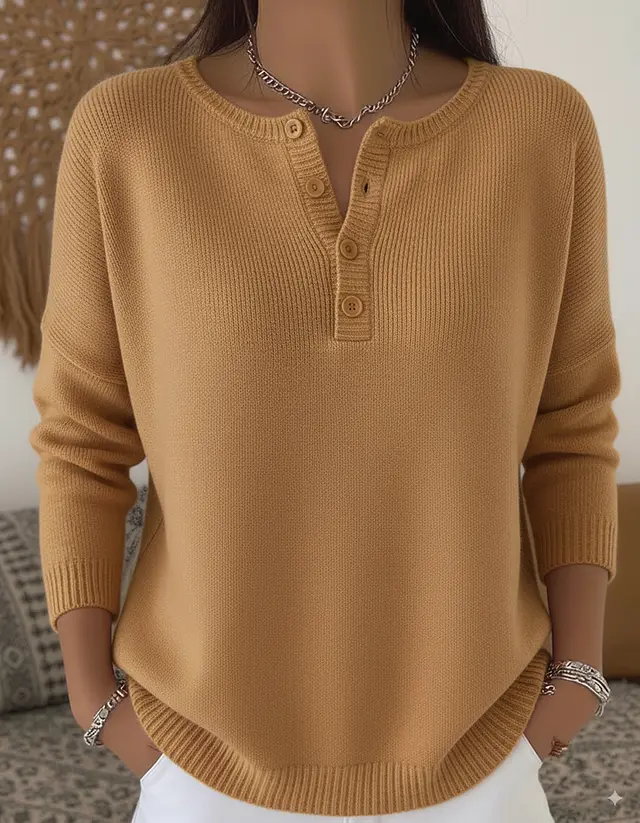 Women's Henley Neck Solid Color Sweater Top Khaki - Shop at LoveMi