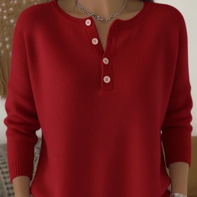 Women's Henley Neck Solid Color Sweater Top Red - Shop at LoveMi