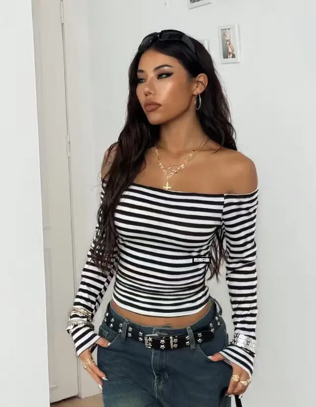 Women's Casual Striped Print Off shoulder Top White - Shop at LoveMi