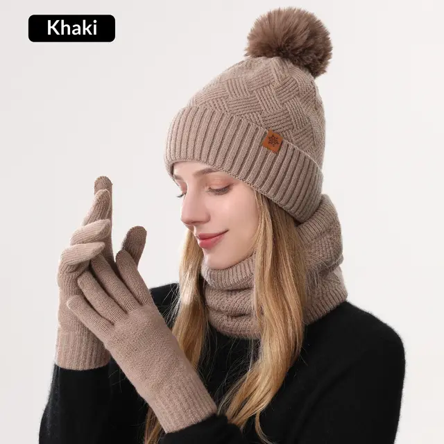 Ladies' Knitted Outdoor Warm Knitted Hat Scarf And Gloves Three Piece Set Khaki - Shop at LoveMi