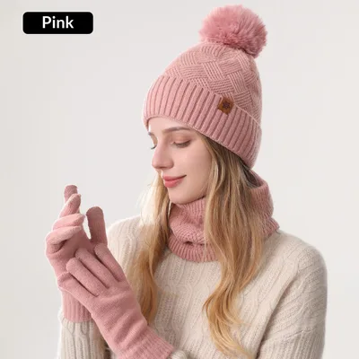 Ladies' Knitted Outdoor Warm Knitted Hat Scarf And Gloves Three Piece Set Pink - Shop at LoveMi