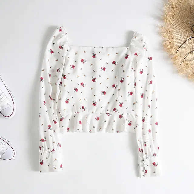 French Retro Square Neck Print Single breasted Long Sleeve Ruffle Shirt Shirt - Shop at LoveMi