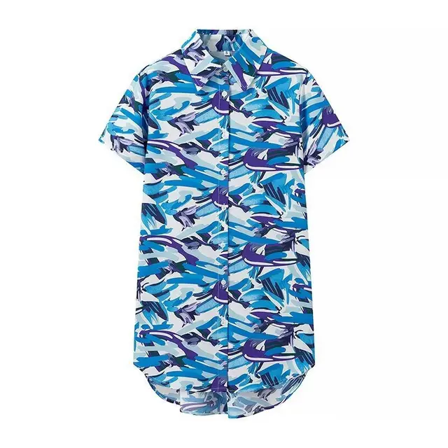 Women's Street Fashion Printed Short Sleeve Mid length Shirt Blue - Shop at LoveMi