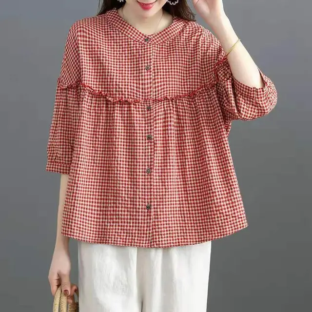 Korean style Loose Casual Oversized Versatile Shirt Red And White Plaid - Shop at LoveMi