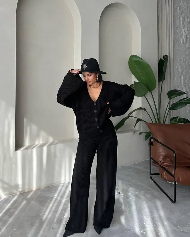 Casual Women's Solid Color Long Sleeve Button Cardigan Sweater Pants Set Black - Shop at LoveMi