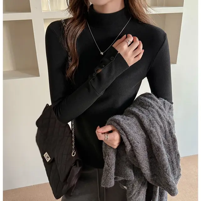 Women's Fashion Semi high Neck Long Sleeve Base Shirt Black - Shop at LoveMi