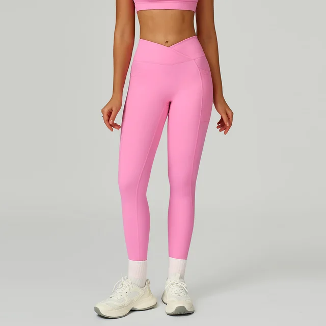 Naked feel High waisted Yoga Pants With Crossover Waistband Rose Pink - Shop at LoveMi