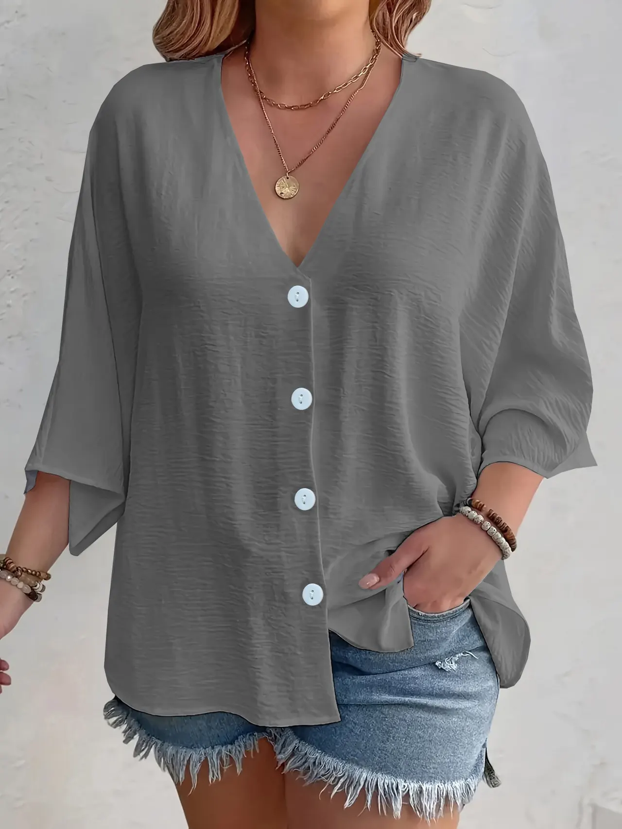 Ladies' Fashion Solid Color Button Cardigan Long Sleeve - Gray