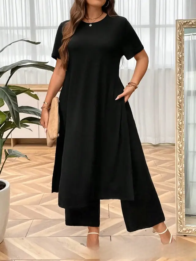 Plus Size Set Slit Top Wide Leg Pants Black T172837 - Shop at LoveMi