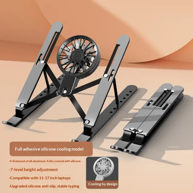 New Laptop Stand With Adjustable And Foldable Height, Aluminum Alloy Bracket With Cooling Fan Black Full Silicone Fan - Shop at LoveMi