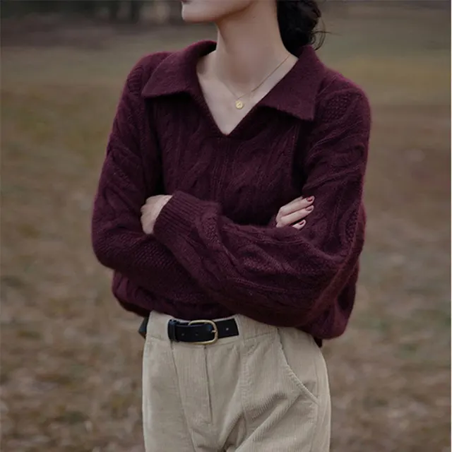 Collar French Retro Twist Sweater Women Purplish Red - Shop at LoveMi