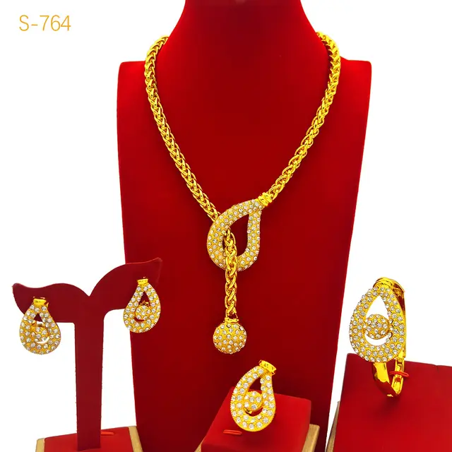 Best selling Dubai Bride 24k Gold plated Necklace Bracelet Earring Ring Four piece Set S764 - Shop at LoveMi