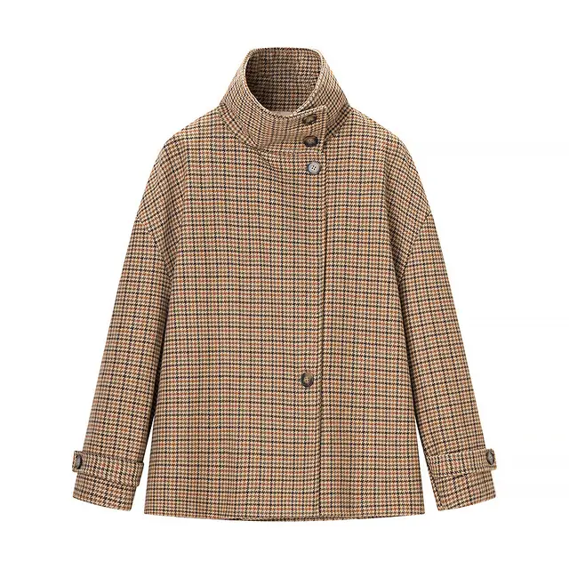 British style Women's Wool Coat With Stand up Collar And Plaid Plaid - Shop at LoveMi