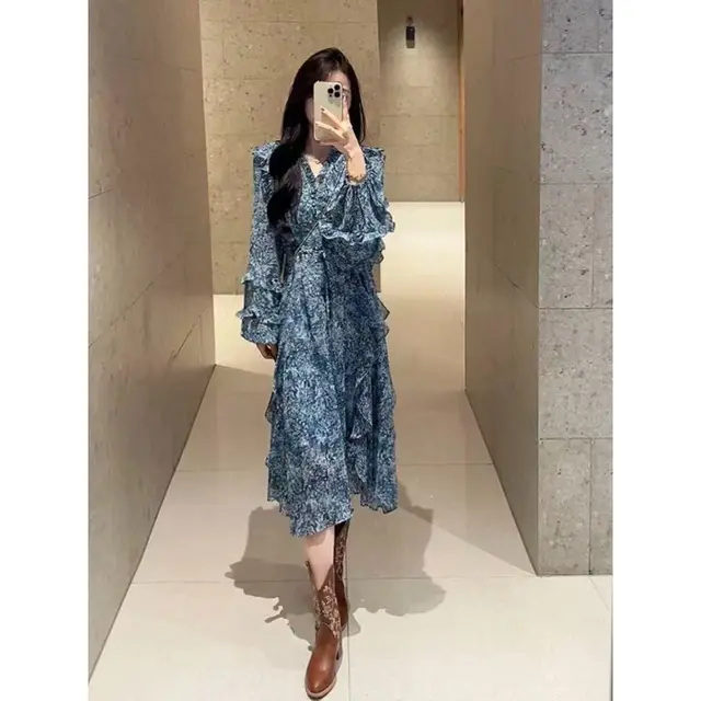 French Blue V neck Floral Dress Blue - Shop at LoveMi