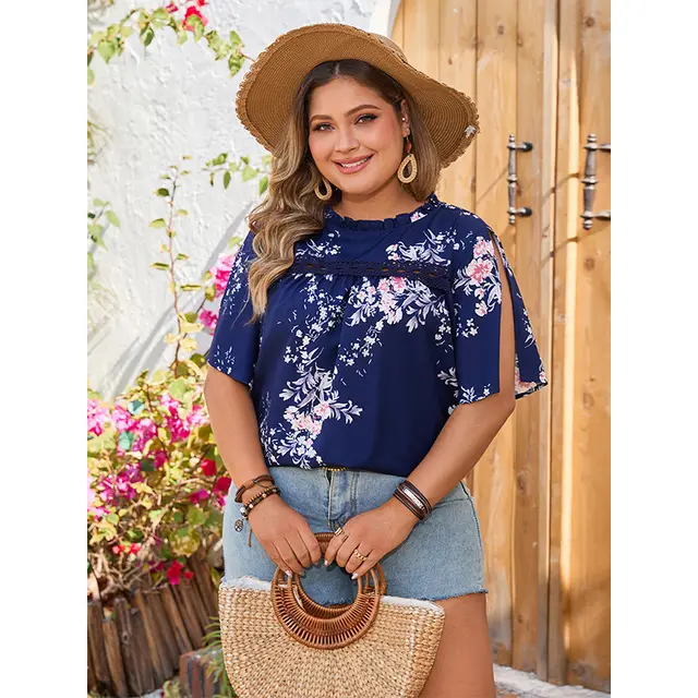 Printed Round neck Loose Casual Design Sleeve Casual Women's Shirt Dark Blue - Shop at LoveMi