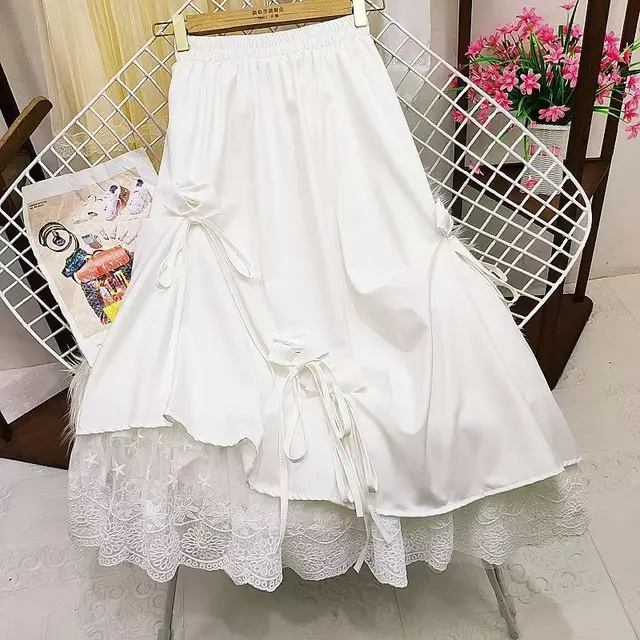 High waisted Bow Heavy Work Spliced Lace A line Midi Skirt White - Shop at LoveMi