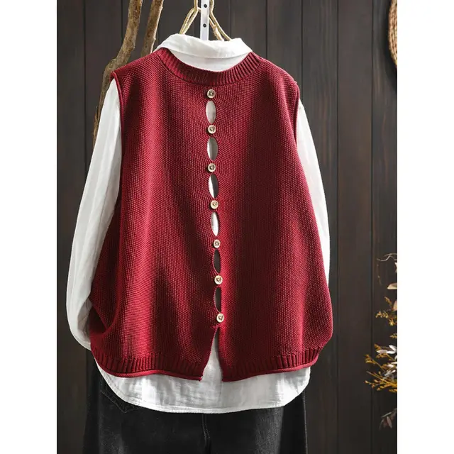 Back Buttoned Cotton Thread Knitted Vest Women Red - Shop at LoveMi