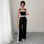 Women's Color-block Sleeveless Wide-leg Jumpsuit - Black