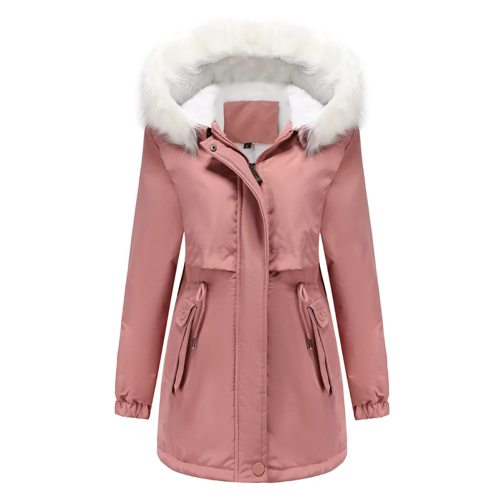 Fleece-lined Hooded Detachable Fur Collar Long Sleeve Parka - Pink