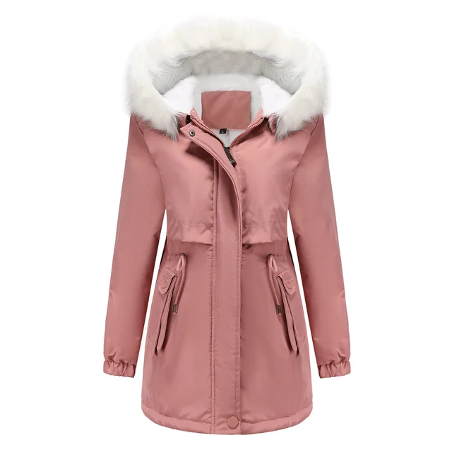 Fleece lined Hooded Detachable Fur Collar Long Sleeve Parka Pink - Shop at LoveMi
