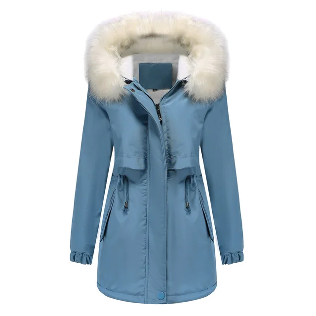 Fleece lined Hooded Detachable Fur Collar Long Sleeve Parka Sky Blue - Shop at LoveMi