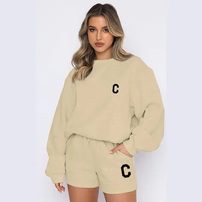 Autumn And Winter New Fleece Fashion Letter Casual Suit Apricot - Shop at LoveMi