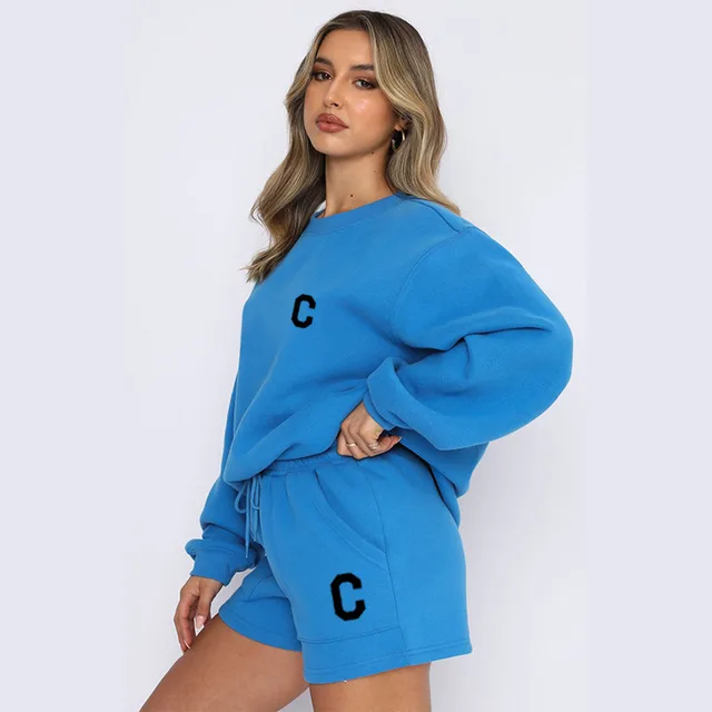 Autumn And Winter New Fleece Fashion Letter Casual Suit Blue - Shop at LoveMi