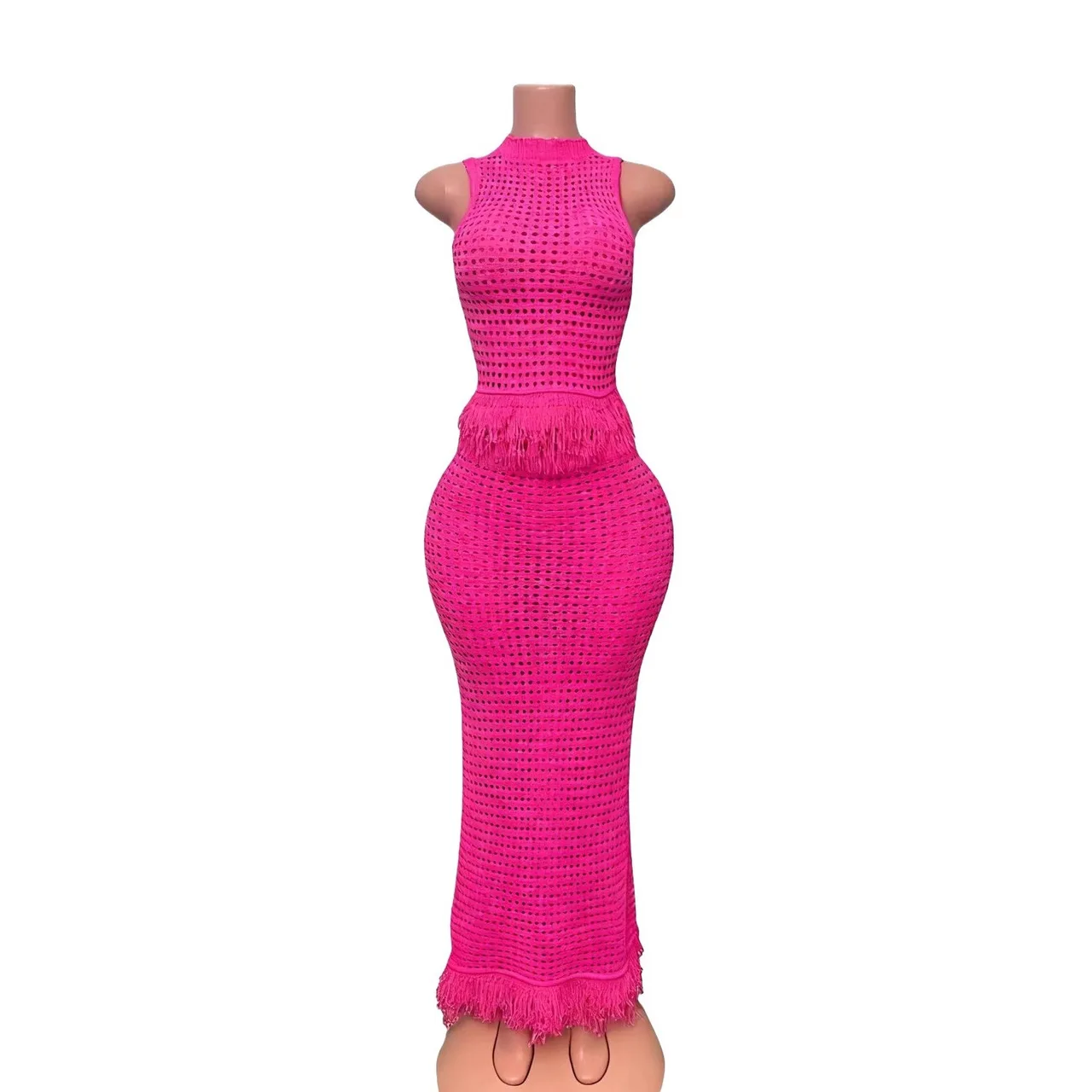 Hollow-out Fringe Sleeveless High-neck Top With Bodycon Long Skirt Two-piece Set - Rose Red