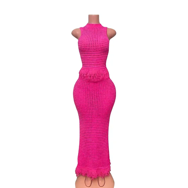 Hollow out Fringe Sleeveless High neck Top With Bodycon Long Skirt Two piece Set Rose Red - Shop at LoveMi