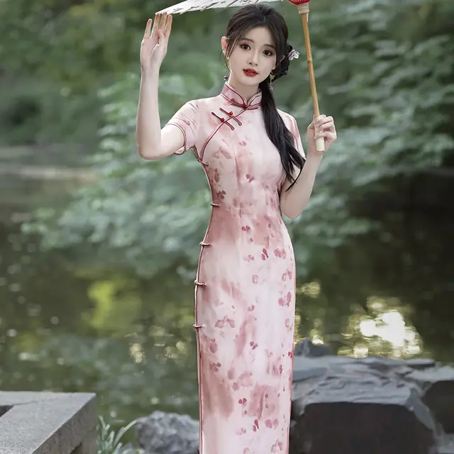 Women's Mid length Double layer Chiffon Cheongsam Dress Elegant Red - Shop at LoveMi