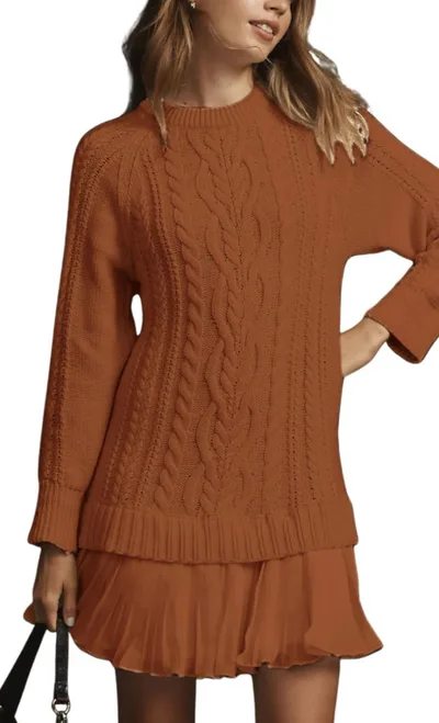 Round neck Twisted Knit Chiffon Spliced Sweet Mini Dress Bronze Xl - Shop at LoveMi