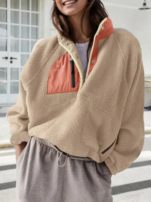 Women's Fashion Sweatshirt Fleece Stand Collar Zipper Pocket Top Khaki - Shop at LoveMi