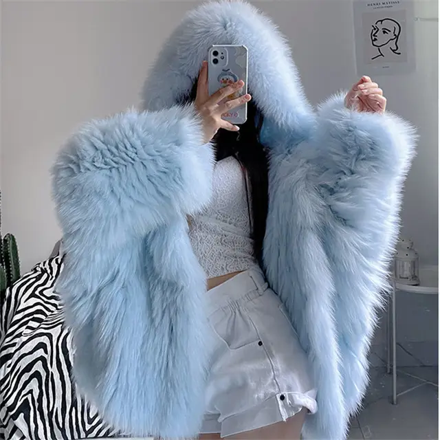 Hooded Oversized Furry Top For Autumn And Winter Blue - Shop at LoveMi