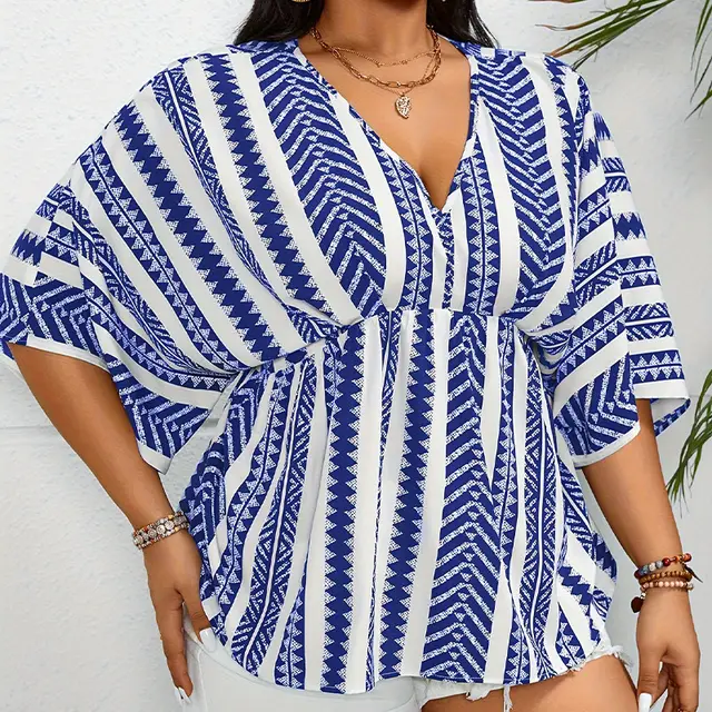 Deep V neck Short Sleeve Pullover Women Blue - Shop at LoveMi