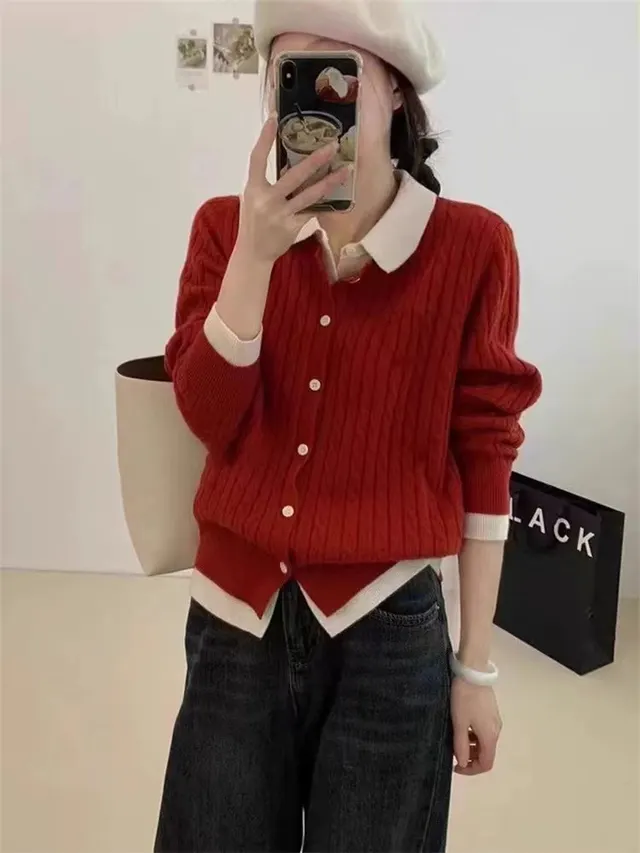 Patchwork Lapel Fake Two piece Knitted Cardigan Women Red - Shop at LoveMi