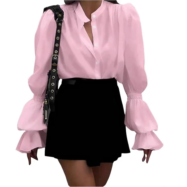 Elegant Temperament Commuter Lantern Sleeve Round Neck Single breasted Shirt Pink - Shop at LoveMi