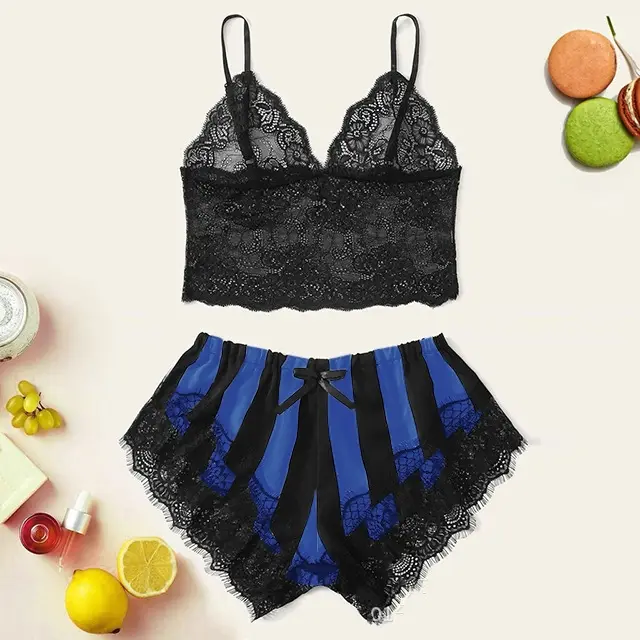 Women's Lace Home Striped Underwear Set Black Blue - Shop at LoveMi
