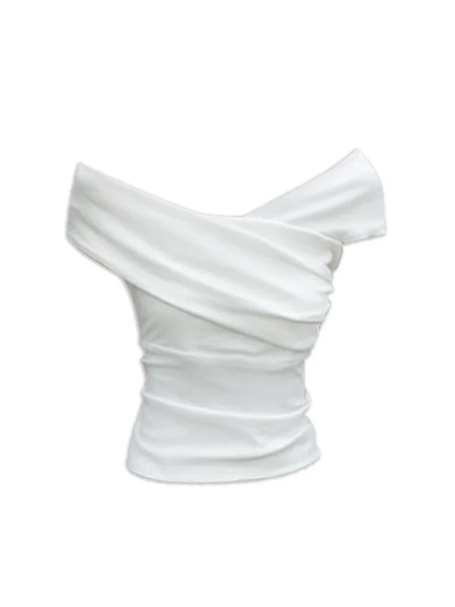 White Irregular Off shoulder Short Sleeve T shirt Women White - Shop at LoveMi