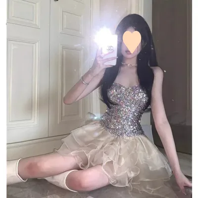 French Sequin Strapless Dress Fairy Waist cinching Picture Color L - Shop at LoveMi