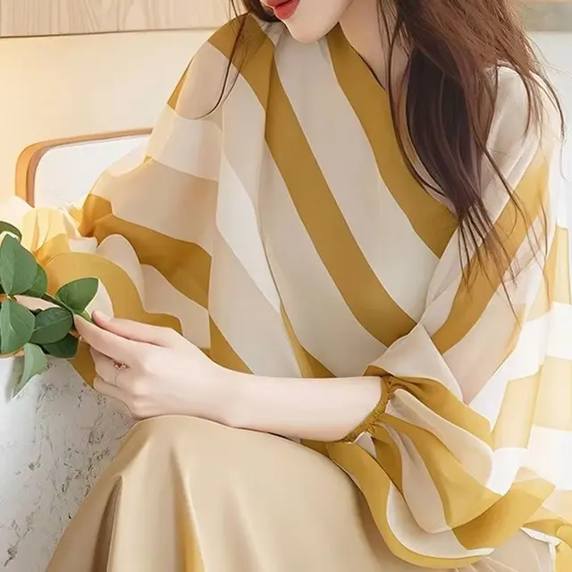 Yellow Top French High end Striped Chiffon Three quarter Sleeve Yellow - Shop at LoveMi