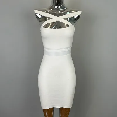 Versatile Lightweight Luxury High end Cross Shoulder Design Bodycon Mini Skirt White - Shop at LoveMi